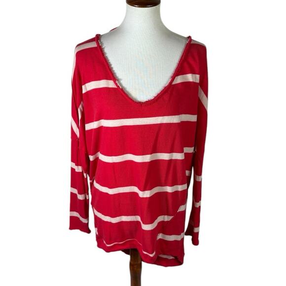 Free People Upstate Red Striped Long Sleeve V-neck Dolman Tee Size L - Picture 1 of 6
